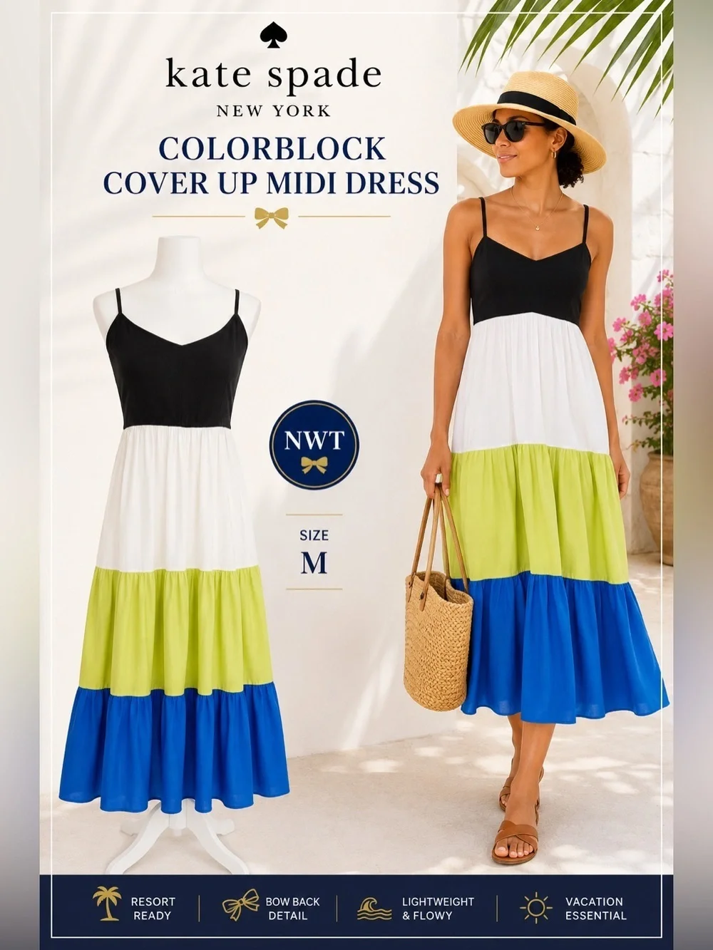 Kate Spade NWT Colorblock Midi Dress M Bow Back Resort Cruise Vacation Summer